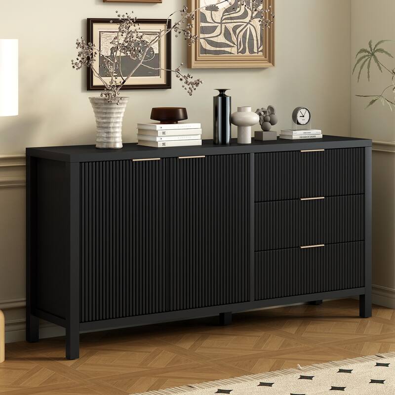 Modern Large Storage Buffet Cabinet with 2 Doors and 3 Drawers, Acacia Wood Sideboard Accent Entryway Table
