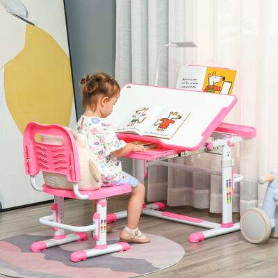 Qaba Kids Desk and Chair Set Height Adjustable Children School Study Table Student Writing Desk with Tilt Desktop, LED Lamp