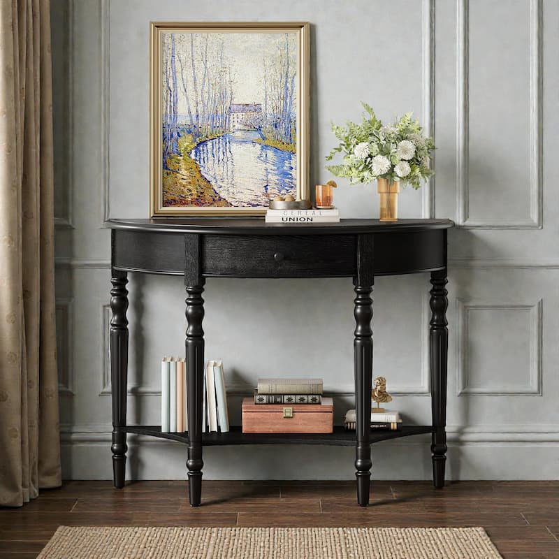 Farmhouse Half Moon Console Table with Drawer and Shelf, Rustic Solid Wood Entryway Sofa Table - Black