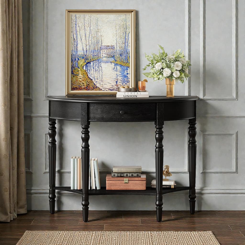 Farmhouse Half Moon Console Table with Drawer and Shelf, Rustic Solid Wood Entryway Sofa Table