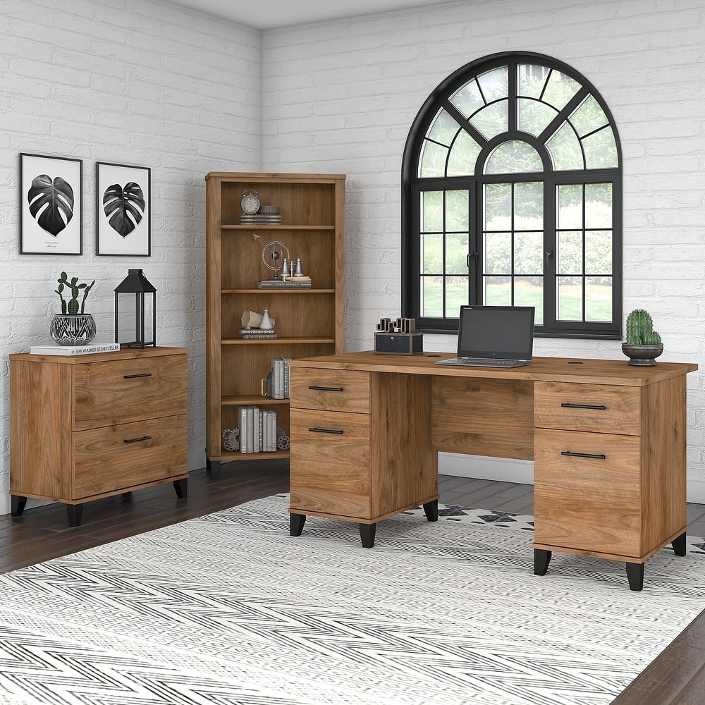 Somerset 60W Office Desk with Cabinet and 5 Shelf Bookcase