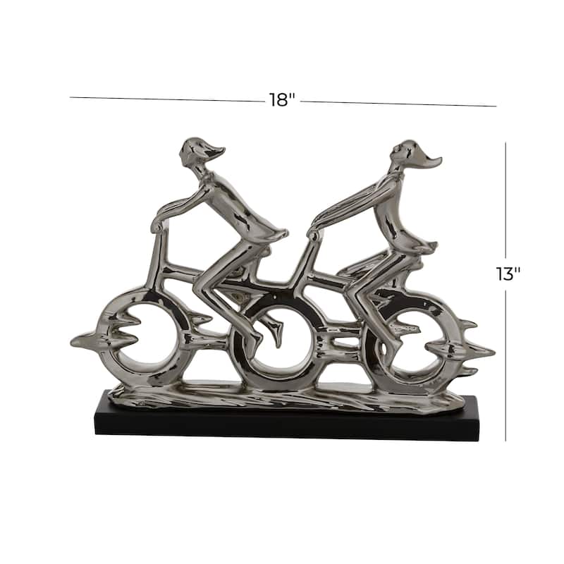 Silver Polystone People Decorative Sculpture with Bike - 18 x 3 x 13