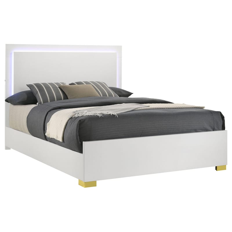 Dex Full Size Bed with LED Framed Headboard, White Wood Finish, Gold Legs