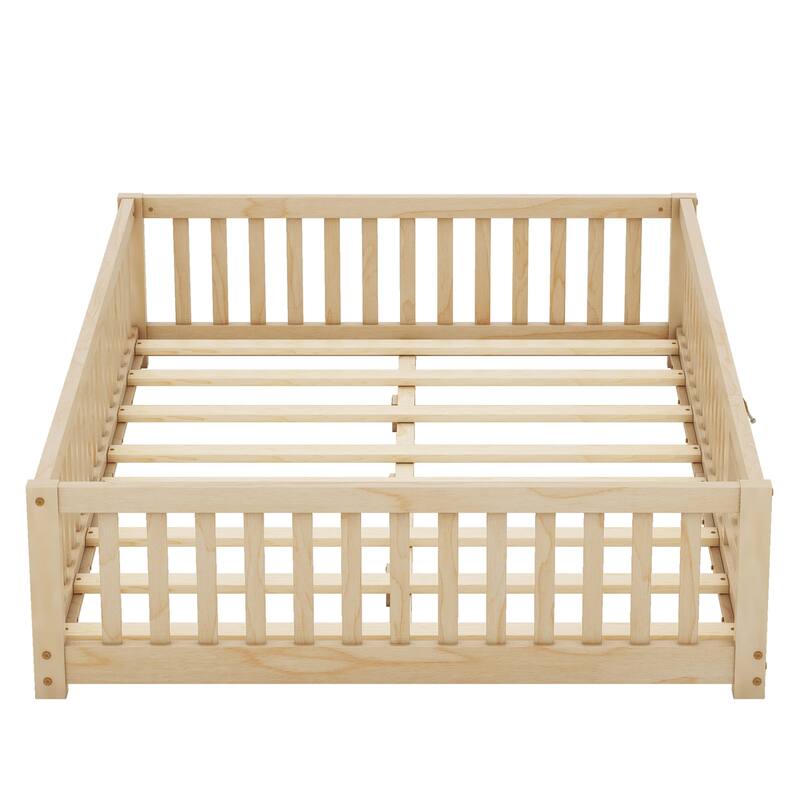 Children's Twin/Full/Queen Floor Bed with Removable Door and Guardrails, Safe and Sturdy Pine Wood Construction