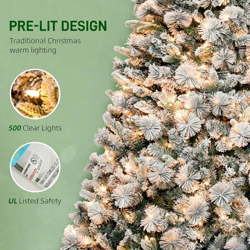 Flocked Artificial Christmas Tree - Clear Lights, Metal Stand, Home Holiday Decor - Green
