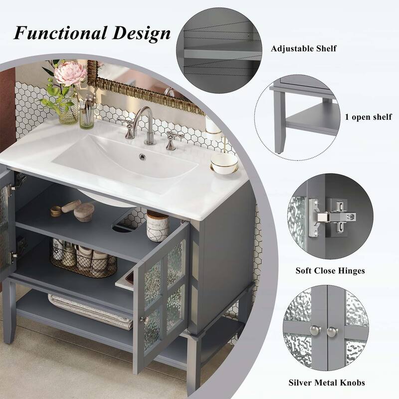 36 Inch Bathroom Vanity with Ceramic Sink,Adjustable and Open Shelves,Wood Legs