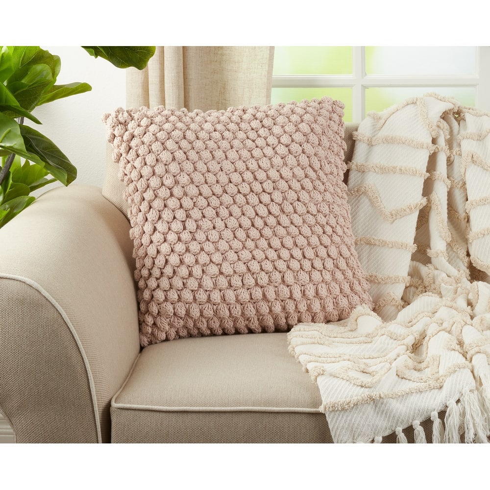 Cotton Throw Pillow With Crochet Pom Pom Design And Down Filling