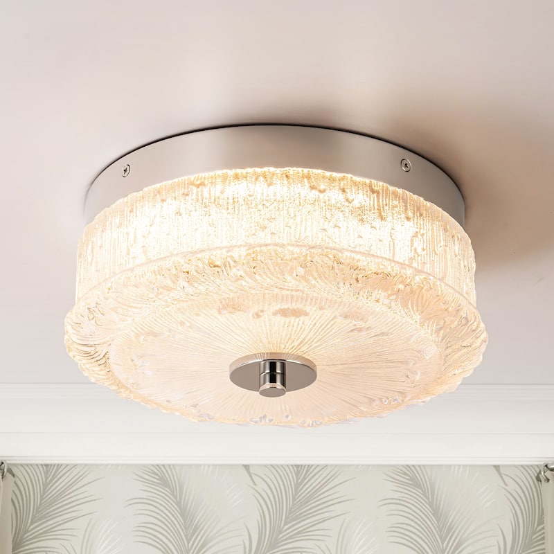 Mid-Century Modern Chrome Dome Round Cage Dimmable Integrated LED Textured Glass Flush Mount Light - Silver