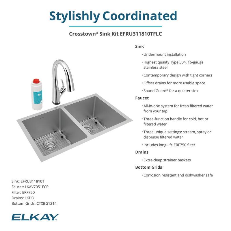Elkay Crosstown 16 Gauge Stainless Steel, 30-3/4" x 18-1/2" x 10" Equal Double Bowl Undermount Sink Kit with Filtered Faucet