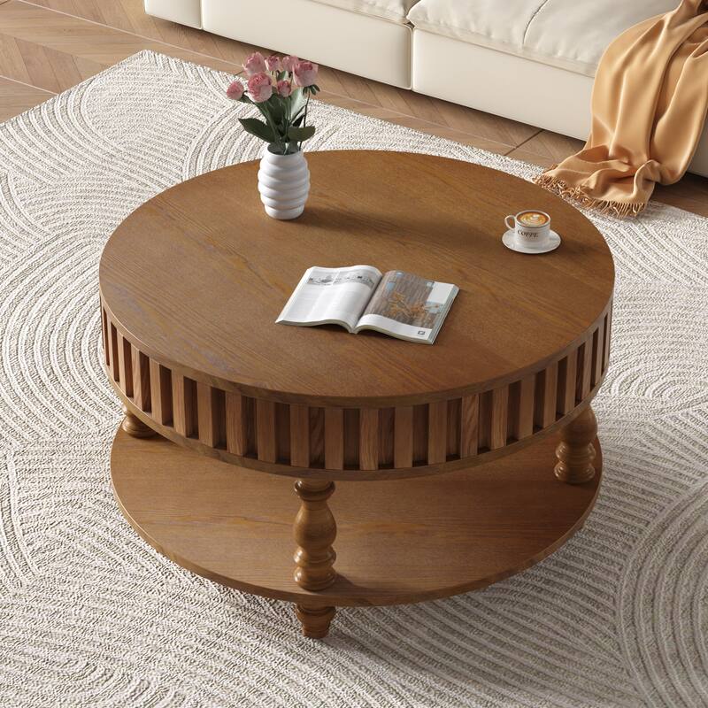 31.5" Farmhouse Round Fluted Coffee Table with Flip-Top Lids and Spacious Hidden Storage