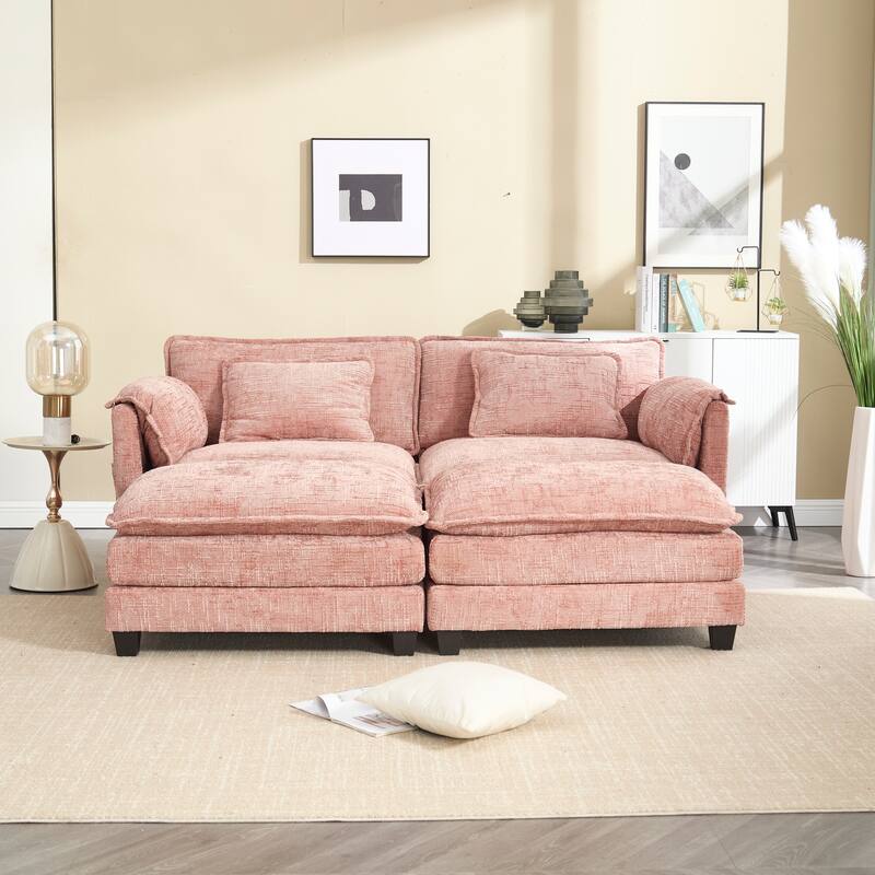 Chenille Fabric Loveseat Sofa Couch with 2 Ottomans and Side Pockets