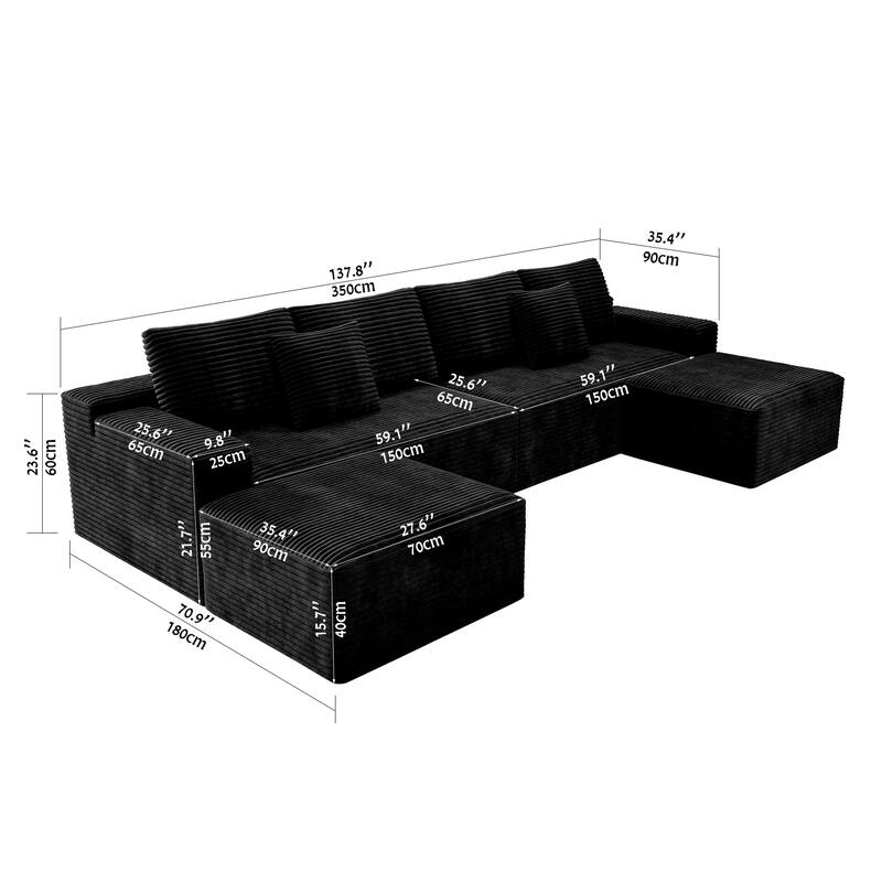 U Shaped Modern Sofa Modular Sectional Cloud Couch with 2 Ottoman, Deep Seat Couches Corduroy Fabric Sofa for Living Room