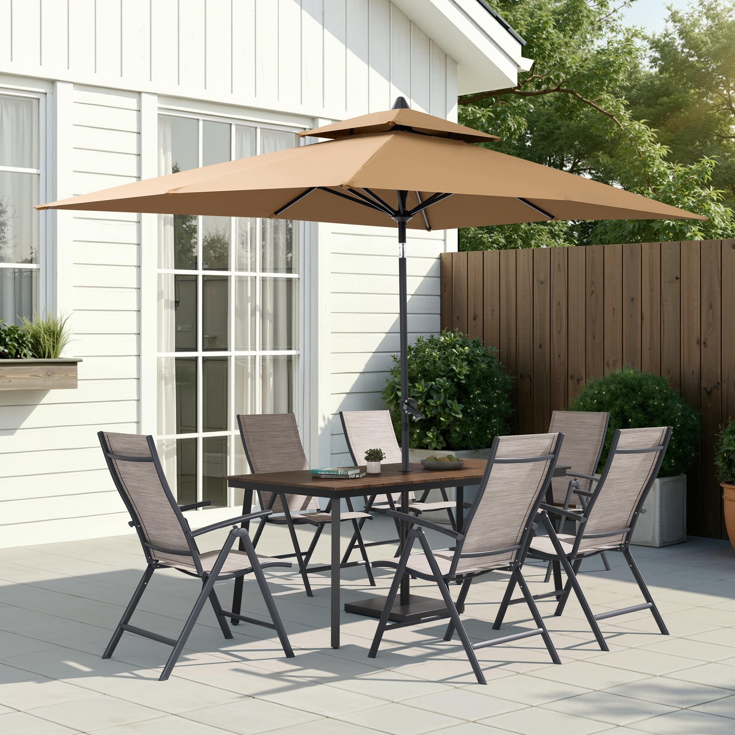 6pc patio set with umbrella Outsunny Dining Set, 6 Piece, Outdoor Umbrella, Folding Chairs & Round Table Folding chairs offer convenient storage and portability PHI VILLA Black 6-Piece Metal