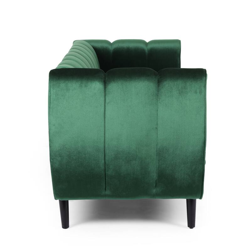 Emerald Velvet Channel Tufted 3-seater Sofa with Birch Wood Legs