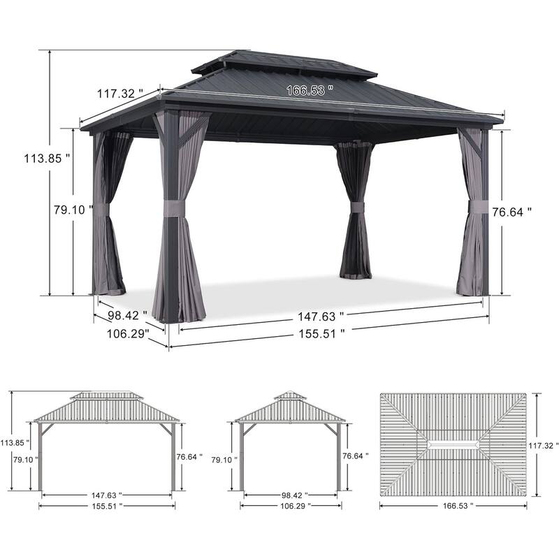 PURPLE LEAF Gazebo Outdoor Gazebo with Dual-Layer Galvanized Steel Double Roof Aluminum Gazebo with Netting and Curtains Grey
