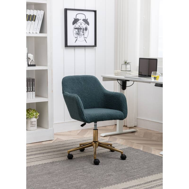 Modern Teddy Fabric Material Adjustable Height 360 Revolving Home Office Chair with Gold Metal Legs, for Indoor, Green
