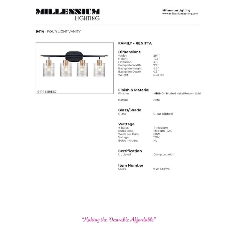 Millennium Lighting Renitta Vanity Light Fixture with Clear Ribbed Glass Shades