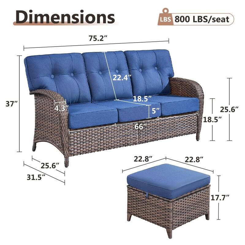 TWrap Brown Wicker Patio 3-Piece Sofa Set with 5-Inch Thick Cushions and 2 Ottomans