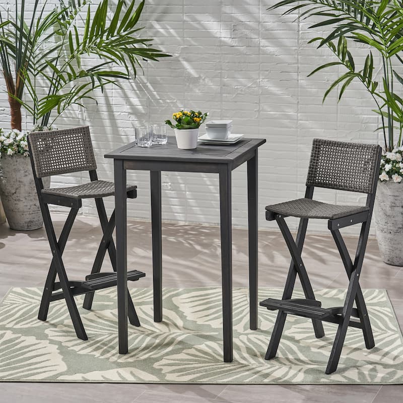 Polaris Outdoor 26" Square 3 Piece Wood and Wicker Bar Height Set by Christopher Knight Home - Dark Gray