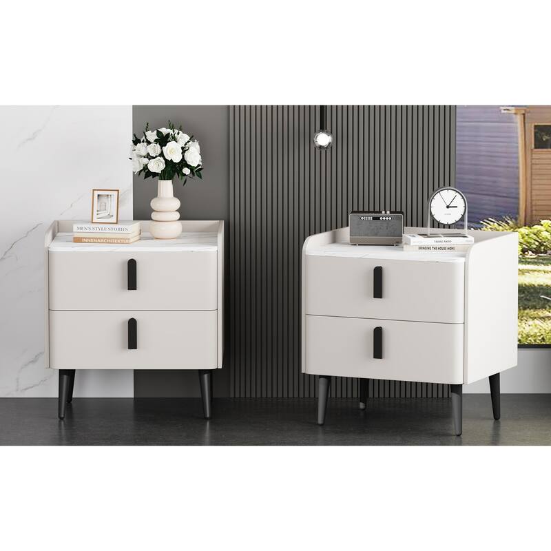 Nightstands Set of 2: 2-Drawer Marble-Pattern Top Modern Bedside/End Table - White