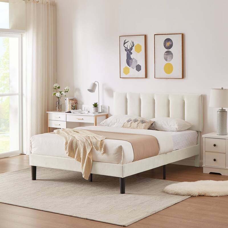 VECELO Beige Tufted Upholstered Platform Bed Frame with Adjustable Height Headboard-Twin/Full/Queen Size Beds - Beige - Full