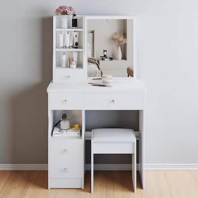 29.2" Small Vanity Table with Sliding Mirror, Multi-Layer Storage, Drawer & Stool, Compact Makeup Desk