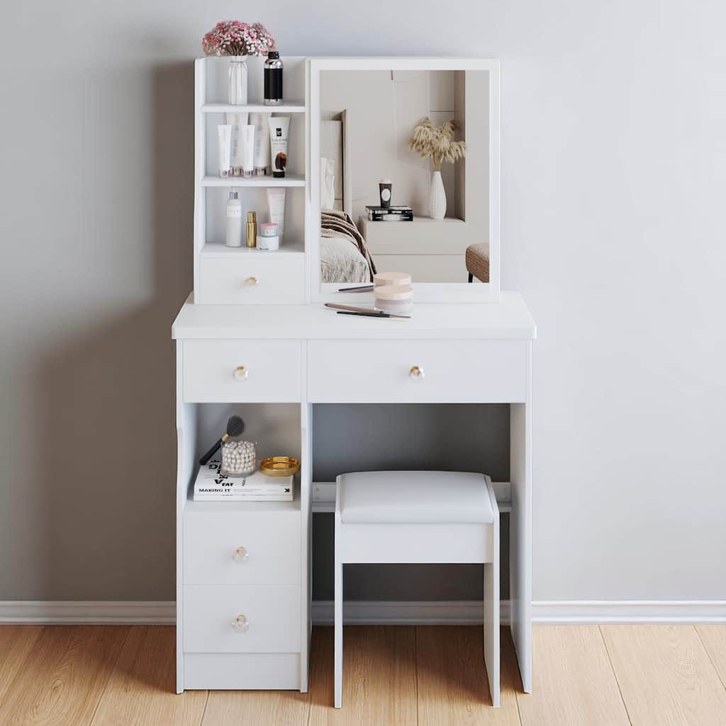29.2" Small Vanity Table with Sliding Mirror, Multi-Layer Storage, Drawer & Stool, Compact Makeup Desk