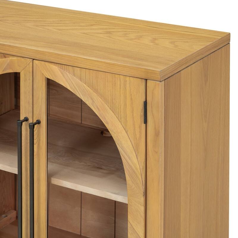 Retro Style Wood Buffet Sideboard with 4 Arched Glass Doors, Kitchen Storage Side Cabinet with Adjustable Shelves