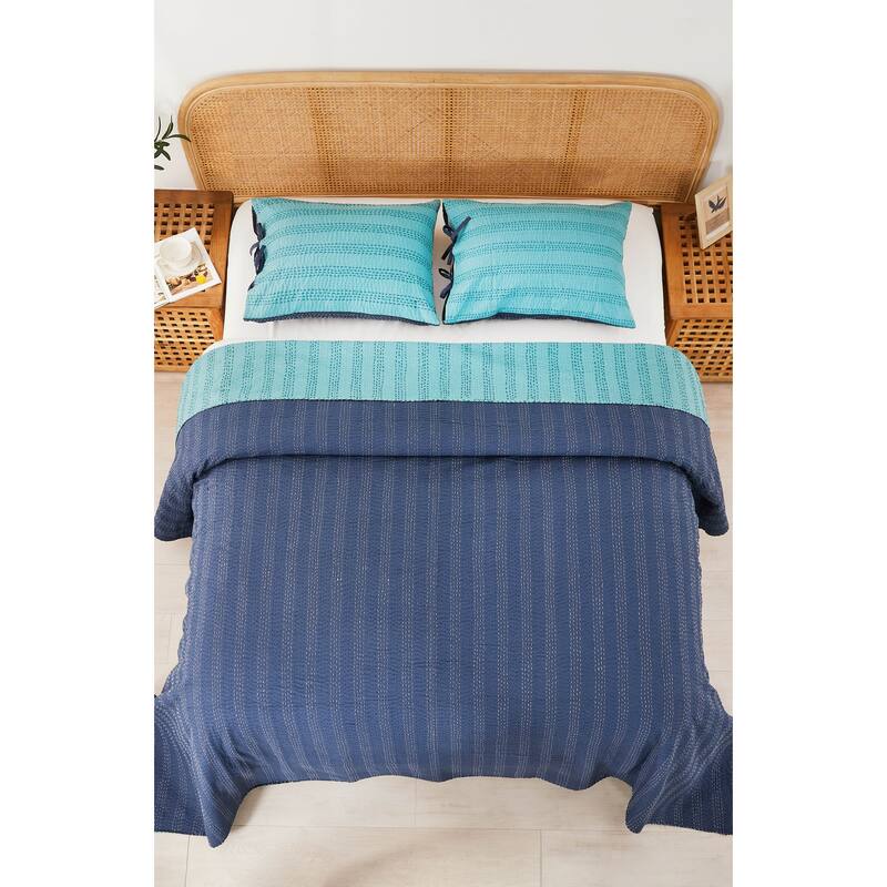 Melange Hand Stitched Kantha Reversible Navy/Turquoise Coverlets and Shams