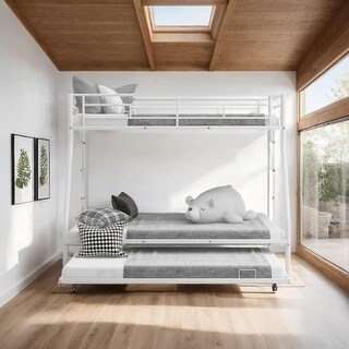 Metal WhiteTwin over Full Bunk Bed with Sturdy Steel Frame and Twin Size Trundle
