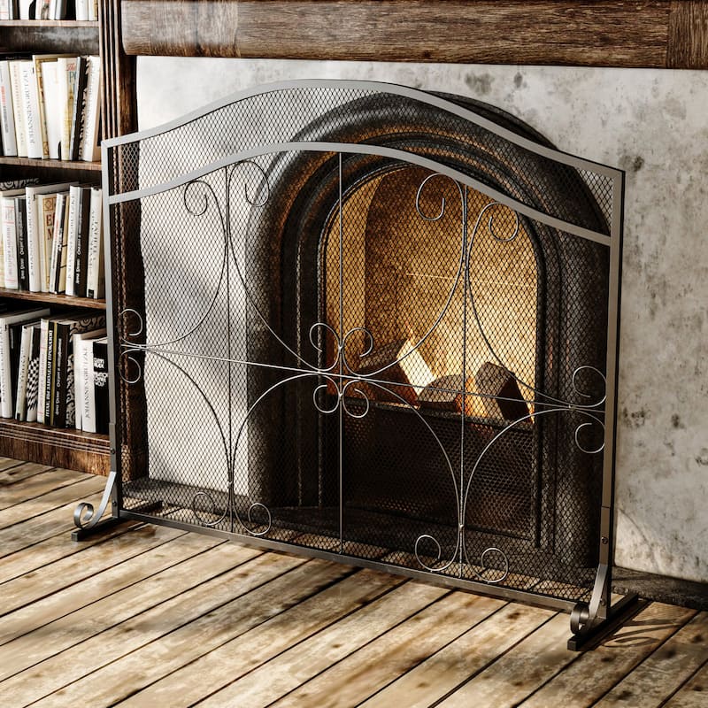 Vintage Wrought Iron Fireplace Screen with Arched Top, Decorative Scroll Design, Sturdy Mesh Spark Guard for Home Hearth