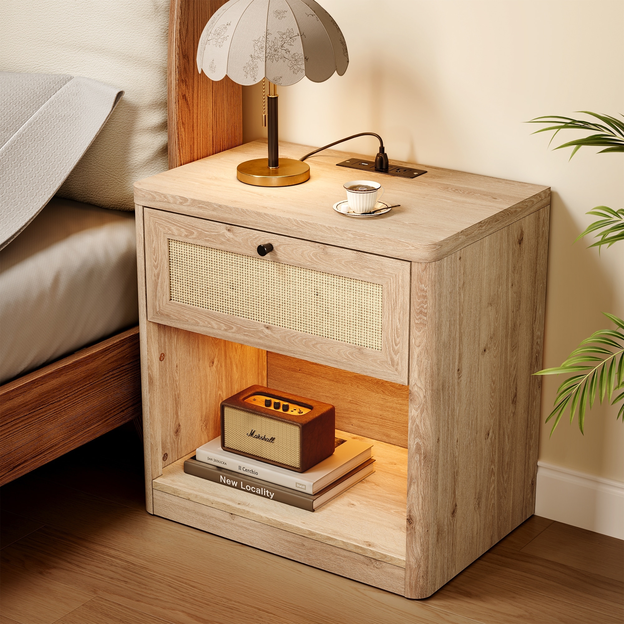 Rattan Nightstand with LED Lighting, USB Ports & Built-in Outlet, Modern Bedroom Side Table with Storage Shelf