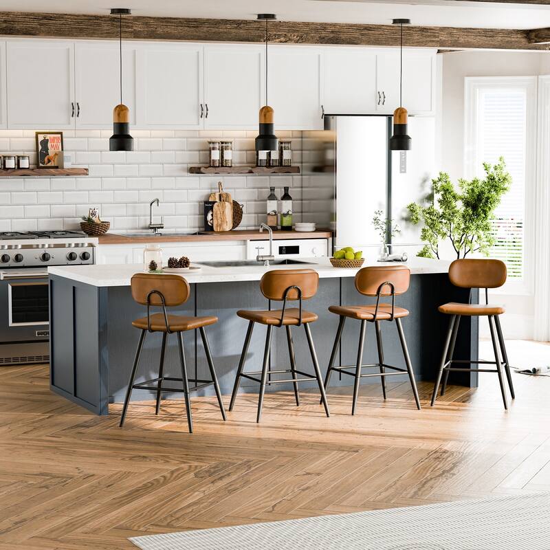 26.75" Leather Counter & Bar Stool with Large Seat and Back - Set of 4 - Brown