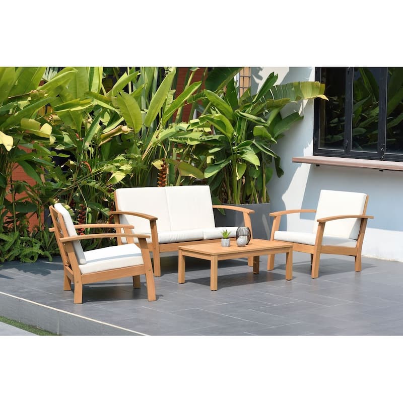 Tottenville 4-piece Patio Conversation Set by Havenside Home - Teak finish & White cushions