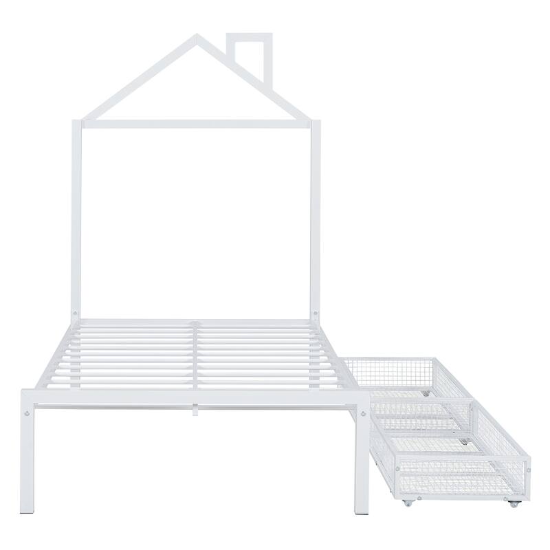House-Themed Metal Twin Platform Bed with Storage Drawers, Sturdy Frame.