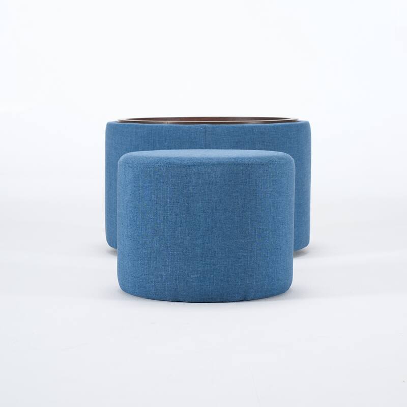 Ball & Cast Nesting Storage Ottomans of 2, Linen Upholstered Footstool Wood Tray, 22.75" Round Coffee Table