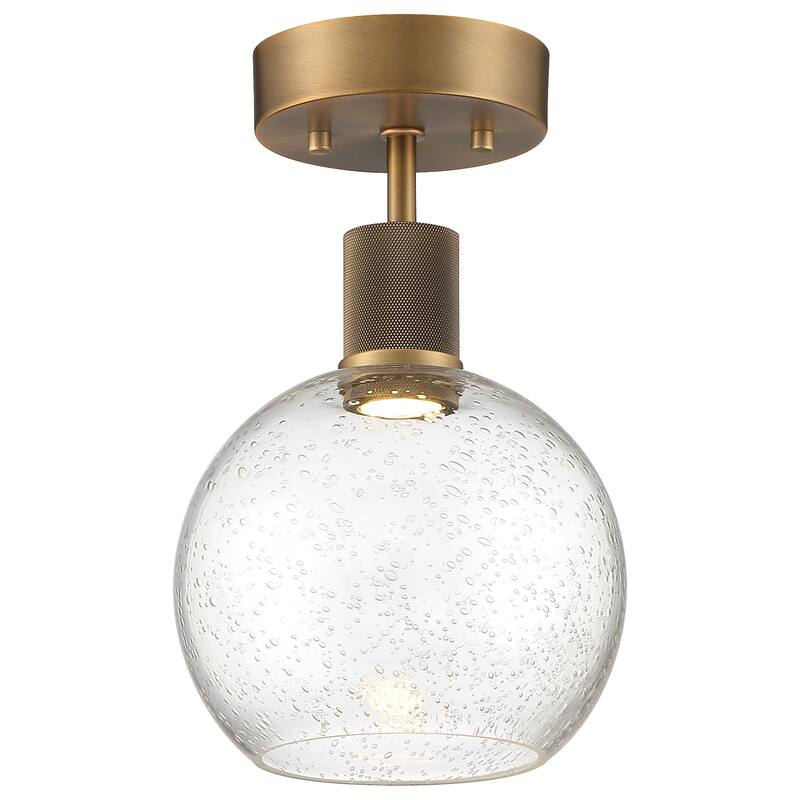 Port Nine Burgundy LED Semi-Flush Light - Dedicated LED - Antique Brushed Brass/Seeded Glass