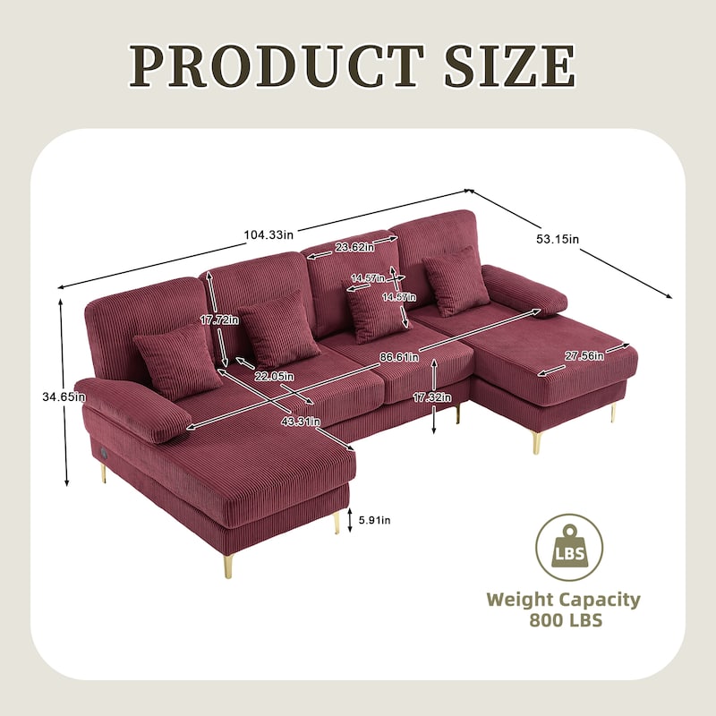 HOMEFUN Corduroy Upholstered U-shaped Adjustable Light Modular Sectional Sofa With Type-C and USB ports