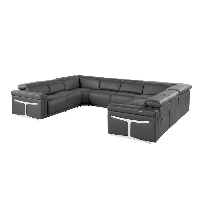 HomeRoots Dark Gray Italian Leather Power Reclining U Shaped Eight Piece Corner Sectional With Console