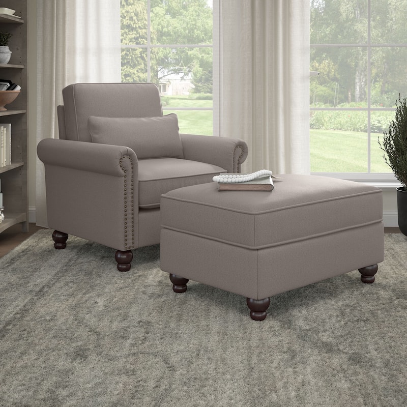 Bush Furniture Coventry Living Room Accent Chair with Ottoman Set - Beige Herringbone