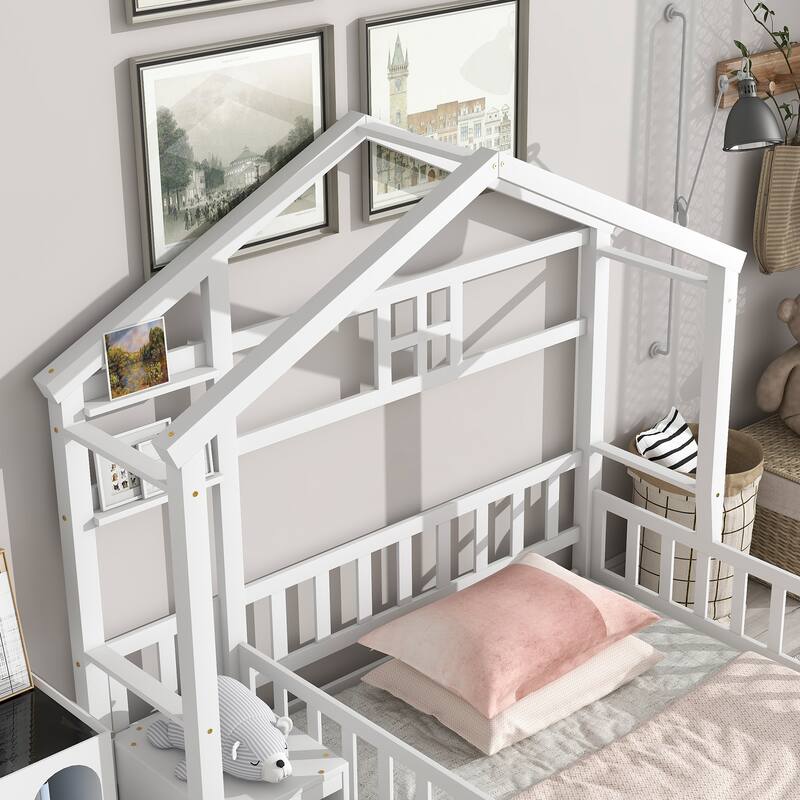 Twin Size House-Style Headboard Platform Bed with Guardrails and Stand