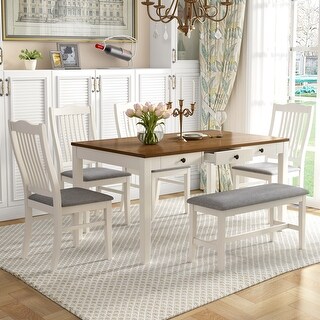 6-Piece Wood Dining Table Set, Mid-Century Kitchen Table Set with 1 ...