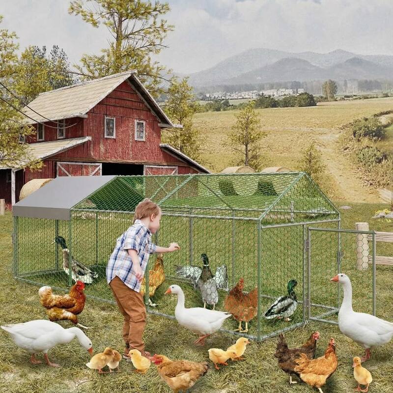 3 Doors Outdoor Large Metal Chicken Coop with Waterproof Anti-UV Cover for Rabbit Duck