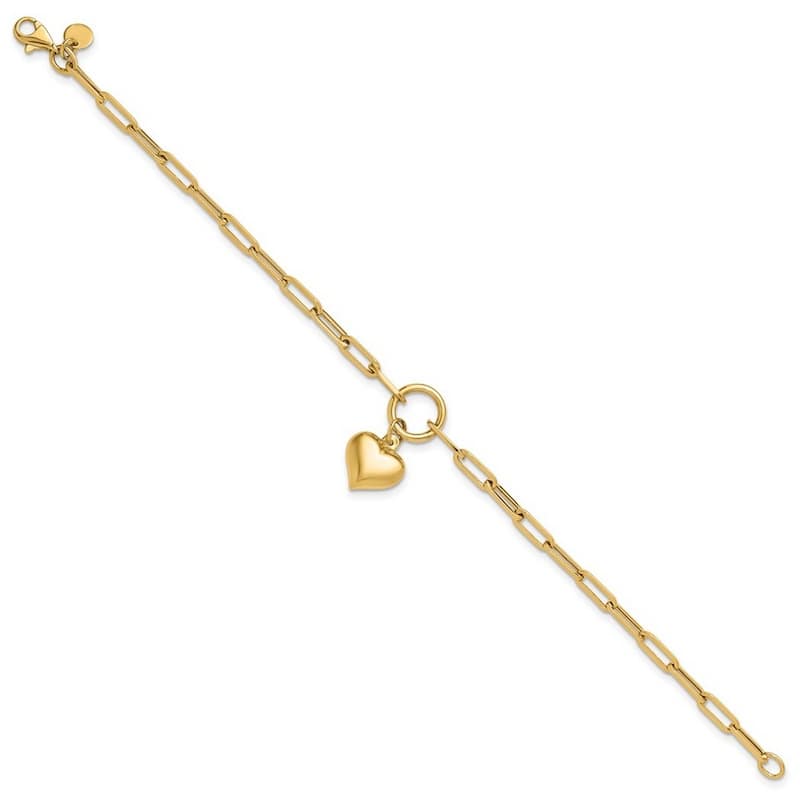 Curata 14k Yellow Gold 7.25"12.3mm Polished Puffed Heart Paperclip Link Bracelet