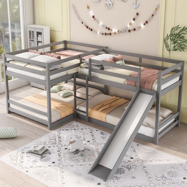 slide 2 of 13, Modern Cabin Design L-Shaped Full and Twin Size Bunk Bed with Slide and Short Ladder,Sturdy Wood Frame Gray