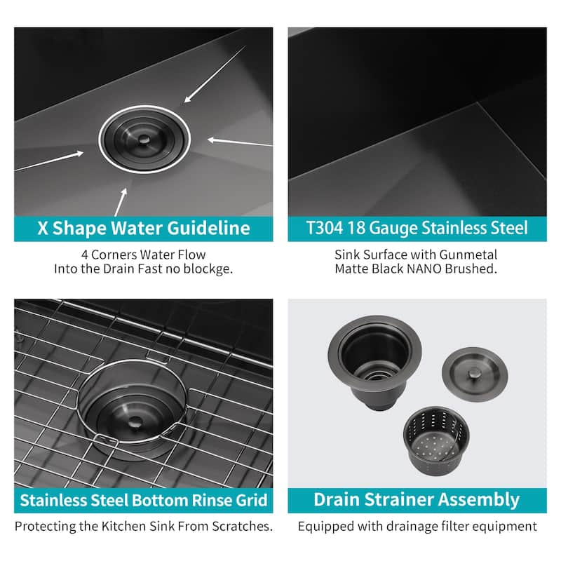 Black Stainless Steel Single Bowl Drop-in Kitchen Sink with Rinse Grid