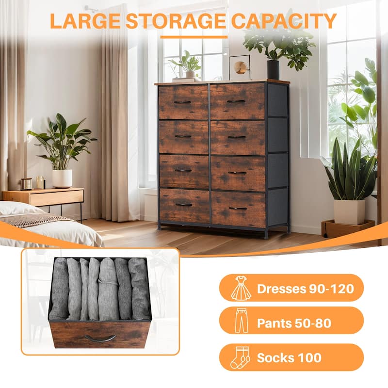 Dresser for Bedroom, 8 Storage Drawers, Tall Fabric Closet Chests Organizer Tower Furniture with Wooden Top Metal Frame