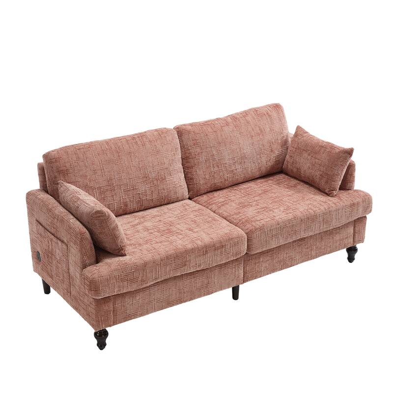 Modern Style Chenille 2-Seater Wood-Legged Sofa With Led Light,USB Charging Port And Storage Bag Living Room Bedroom Study Room