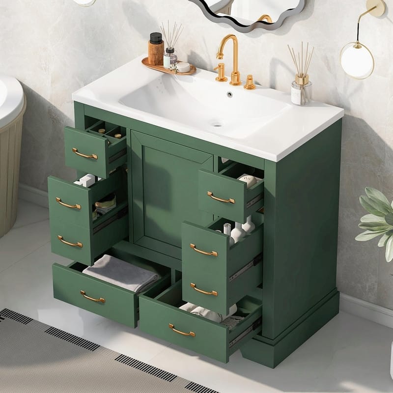 36" Bathroom Vanity with Sink Combo: Six Drawers, Multi-Functional Divider, Adjustable Shelf - with sink - Green