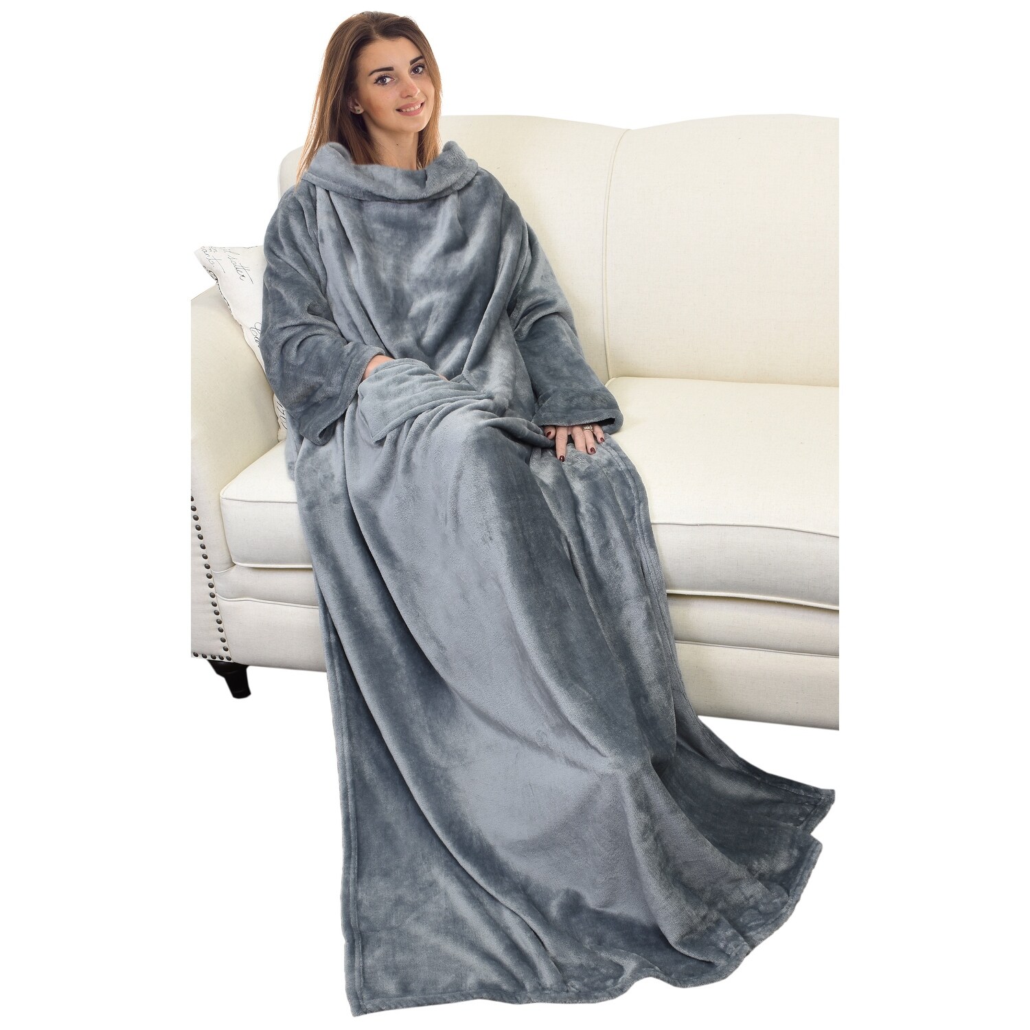 Fleece Blanket with Sleeves and Front Pocket Wearable Blanket